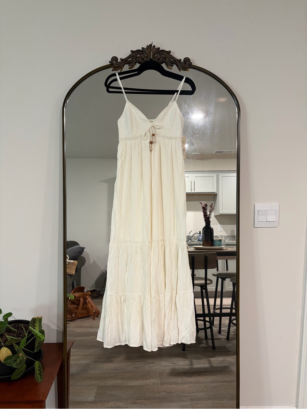 Cream Lace Maxi Dress with Crochet Top and Wooden Beads. Size XS Summer Boho
